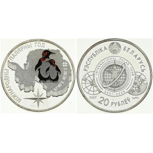 Belarus 20 Roubles 2007 International Polar Year. Averse: IPY logo. Reverse: Antarctic map behind two penguins. Silver...