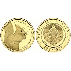 Belarus 50 Roubles 2009 Squirrel. Averse: National arms. Reverse: Squirrel right eating nut. Gold...