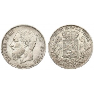 Belgium 5 Francs 1873 Leopold II(1865-1909). Position A. Averse: Smaller head engraver's name near rim below truncation...