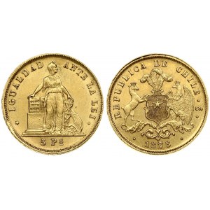 Chile 5 Pesos 1873 Averse: Plumed arms with supporters. Reverse: Standing liberty. Gold. KM 144
