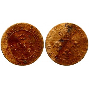 France French Guiana  2 Sous 1789A Louis XVI (1774-1792). Averse: One royal crown on top of 3 lis flowers. Lettering...