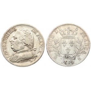 France 5 Francs 1814M Louis XVIII(1815-1824). Averse: Uniformed bust left.  Reverse: Crowned arms within wreath. Silver...