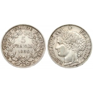 France 5 Francs 1850A Averse: Liberty head with grain wreath left. Reverse: Denomination within wreath. Silver. KM 761...