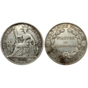 France French Indo-China 1 Piastre 1908A Averse: Liberty seated left with fasces. Reverse: Denomination within wreath...