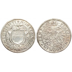 Germany ULM 1 Thaler 1635 HL Averse: Angel head above pointed shield; flowers and cornucopia beside; HL below. Reverse...