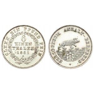 Germany ANHALT-BERNBURG 1/6 Thaler 1861A Alexander Carl(1834-1863). Averse: Crowned bear walking right on wall...