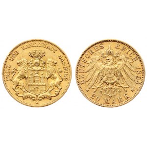 Germany HAMBURG 20 Mark 1894 J Averse: Helmeted arms with lion supporters. Averse Legend: FREIE UND HANSESTADT HAMBURG...