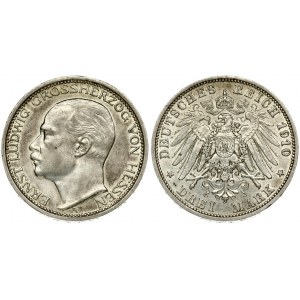 Germany HESSE-DARMSTADT 3 Mark 1910A Ernst Ludwig(1892-1918). Averse: Head left. Reverse: Crowned imperial eagle...