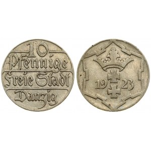Germany Danzig 10 Pfennig 1923 Averse: Denomination. Reverse: Arms divide date within snowflake design. Copper-Nickel...