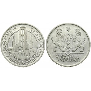 Germany Danzig 5 Gulden 1923 Averse: Marienkirche within circle. Reverse: Shielded arms with supporters...