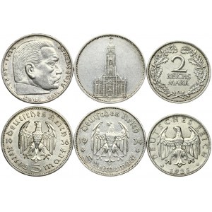 Germany Weimar Republic 2 Reichsmark 1925A & Third Reich 5 Reichsmark 1934E & 1936A. 1st Anniversary - Nazi Rule...