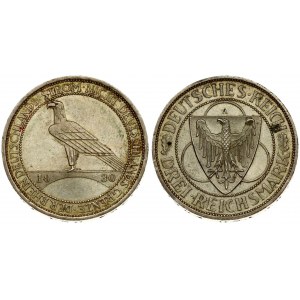 Germany Weimar Republic 3 Reichsmark 1930A Liberation of Rhineland. Averse: Eagle on shield; design in background...