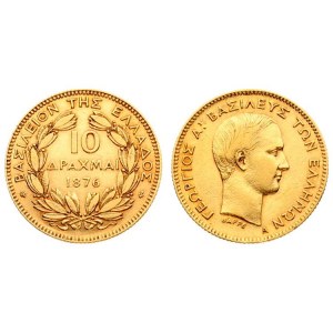 Greece 10 Drachmai 1876 A George I(1863 – 1913). Averse: Young head right. Reverse: Denomination and date within wreath...