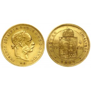 Hungary 4 Forint 10 Francs 1887KB Franz Joseph I(1848-1916). Averse: Laureate head; right. Reverse...