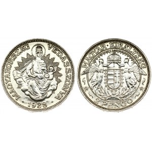 Hungary 2 Pengo 1938BP Averse: Angels flank crowned shield above spray. Reverse: Hungarian Madonna. Silver...