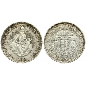 Hungary 2 Pengo 1938BP Averse: Angels flank crowned shield above spray. Reverse: Hungarian Madonna. Silver...