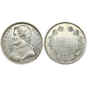 Italy PAPAL STATES 1 Scudo 1853-VIIIR. Pius IX(1846-1878). Averse: Bust left; without NIC. CER. BARA below bust...