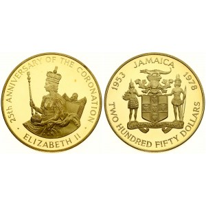 Jamaica 250 Dollars 1978  25th Anniversary of Coronation. Elizabeth II(1952-). Averse: Arms with supporters. Reverse...