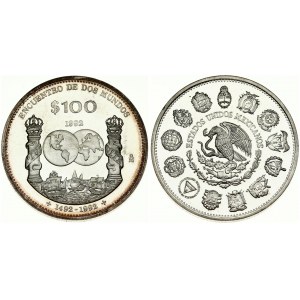 Mexico 100 Pesos 1992Mo Averse: National arms; eagle left within center of assorted arms. Reverse...