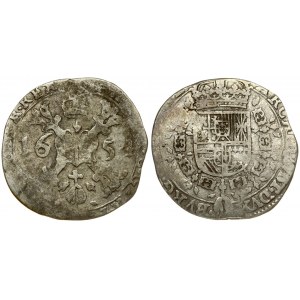 Spanish Netherlands BRABANT 1/4 Patagon 1654 Averse: St. Andrew's cross; crown above; fleece below divides date...
