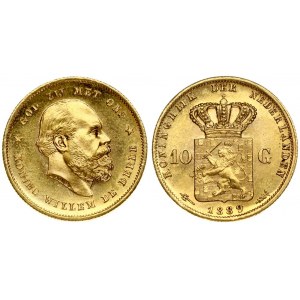 Netherlands 10 Gulden 1889 William III(1849-1890 ). Averse: Head right. Averse Legend: KONING WILLEM DE DERDE ...