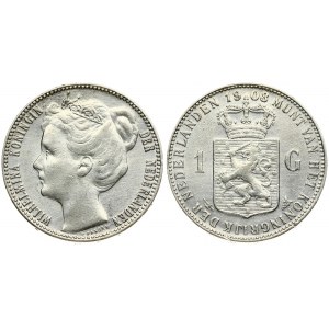 Netherlands 1 Gulden 1908 Wilhelmina I(1890–1948). Averse: Head left. Reverse: Crowned arms without 100 C. below shield...