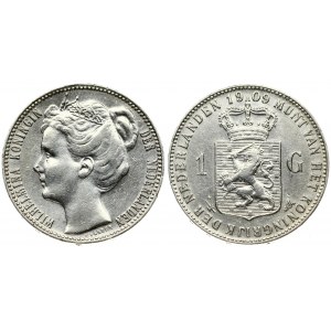 Netherlands 1 Gulden 1909 Wilhelmina I(1890–1948). Averse: Head left. Reverse: Crowned arms without 100 C. below shield...