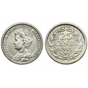 Netherlands 25 Cents 1911  Wilhelmina I(1890–1948). Averse: Bust left; legend. Reverse: Value within wreath...