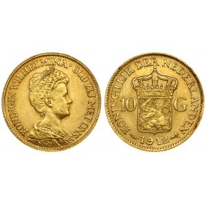 Netherlands 10 Gulden 1912 Wilhelmina I(1890–1948). Averse: Head right. Reverse: Crowned arms divide value...
