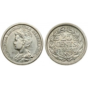 Netherlands 25 Cents 1912  Wilhelmina I(1890–1948). Averse: Bust left; legend. Reverse: Value within wreath...