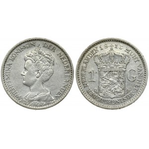Netherlands 1 Gulden 1913 Wilhelmina I(1890–1948). Averse: Head left. Reverse: Crowned arms. Edge Lettering: GOD * ZIJ ...