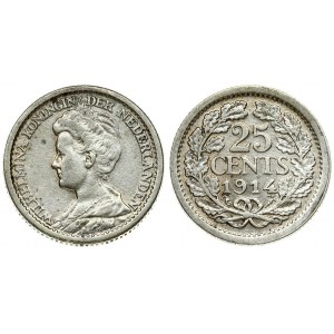 Netherlands 25 Cents 1914  Wilhelmina I(1890–1948). Averse: Bust left; legend. Reverse: Value within wreath...