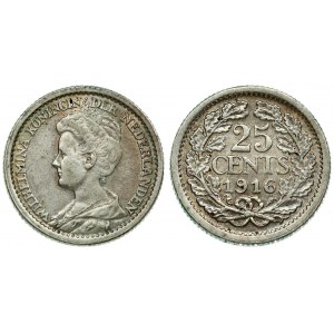 Netherlands 25 Cents 1916  Wilhelmina I(1890–1948). Averse: Bust left; legend. Reverse: Value within wreath...