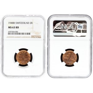 Switzerland 2 Rappen 1948 B. Averse: Cross. Reverse: Value and oat sprig. Edge Description: Plain. Bronze. KM 47...