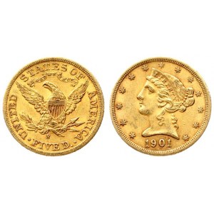 USA 5 Dollars 1901 S San Francisco. Liberty / Coronet Head - Half Eagle With motto. Averse...