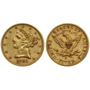 USA 5 Dollars 1905 S San Francisco. Liberty / Coronet Head - Half Eagle With motto. Averse...