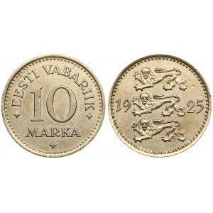 Estonia 10 Marka 1925 Averse: Three leopards left divide date. Reverse: Denomination. Edge Description: Milled. Nickel...