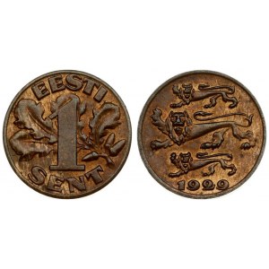 Estonia 1 Sent 1929. Averse: Three leopards left above date. Reverse: Denomination oak leaves in background...