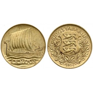 Estonia 1 Kroon 1934 Averse: National arms wreath surrounds date below. Reverse: Ship of Vikings denomination below...