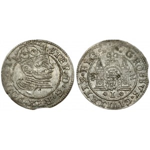 Latvia 1 Grosz 1582 Riga. Stefan Batory (1576–1586). Averse:  Crowned head. Reverse: City coat of arms. Silver...