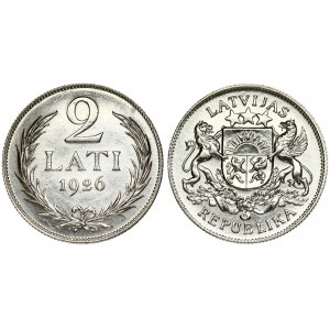 Latvia 2 Lati 1926 Averse: Arms with supporters. Reverse: Value and date within wreath. Edge Description: Milled...