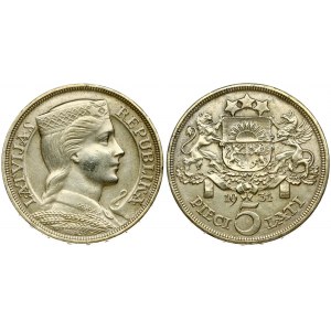 Latvia 5 Lati 1931 Averse: Crowned head right. Reverse: Arms with supporters above value. Edge Description: DIEVS **...