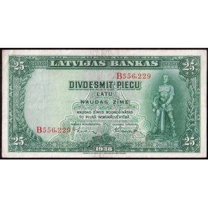 Latvia 25 Latu 1938 Banknote. Pick# P.21a. № B556.229. Watermark Head of Karlis Ulmanis.