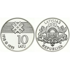 Latvia 10 Latu 1993 75th Anniversary - Declaration of Independence. Averse: Arms with supporters. Reverse...