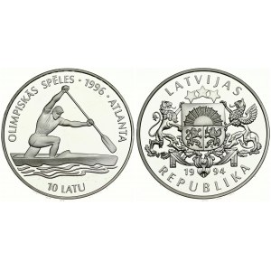 Latvia 10 Latu 1994 Averse: Arms with supporters. Reverse: Man paddling canoe. Silver. KM 24