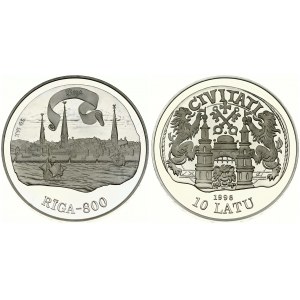 Latvia 10 Latu 1996 800th Anniversary of Riga. Averse: Old coin design with St. Christopher within warped circle...