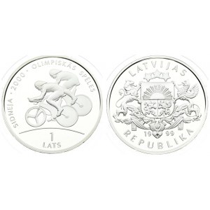 Latvia 1 Lats 1999 Averse: National arms. Reverse: Two cyclists. Edge Description: Lettered. Silver...