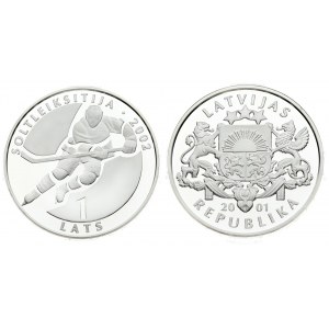 Latvia 1 Lats 2001 Ice Hockey. Averse: Arms with supporters. Reverse: Hockey player. Silver. KM 50...