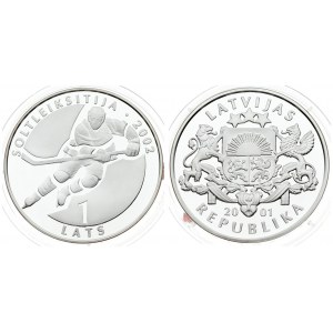 Latvia 1 Lats 2001 Averse: Arms with supporters. Reverse: Hockey player. Silver. KM 50