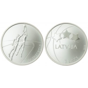 Latvia 1 Lats 2008 Basketball. Averse: Three stars and stylized basket ball design. Reverse...